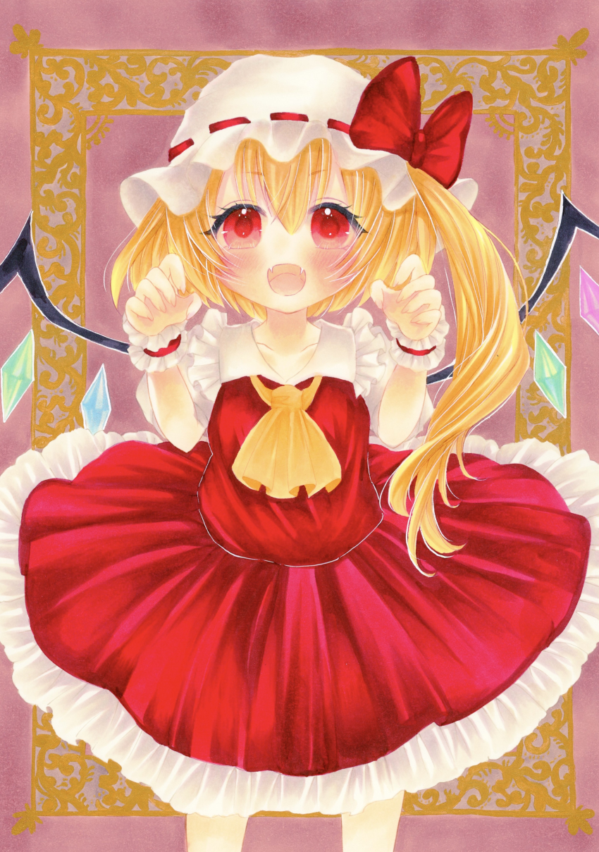 1girl absurdres ascot blonde_hair claw_pose colored_pencil_(medium) fangs flandre_scarlet gao hat highres mob_cap open_mouth paw_pose red_eyes short_sleeves skin_fangs skirt solo touhou traditional_media wings wrist_cuffs yuuki_hana_(jtnp5334)
