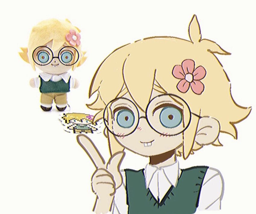 1boy basil_(faraway)_(omori) basil_(omori) bespectacled black-framed_eyewear blonde_hair blue_eyes blush buck_teeth character_doll closed_mouth collared_shirt doll flower glasses green_sweater_vest hair_flower hair_ornament index_finger_raised looking_at_viewer male_focus omori round_eyewear shirt short_hair short_sleeves simple_background smile solo stuffed_toy sweater_vest tate_ware_anal teeth white_background white_shirt