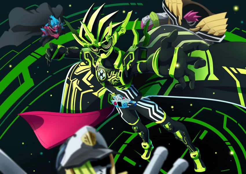 4boys absurdres armor bang_bang_simulations_level_50 belt cape clock coat commentary_request highres kamen_rider kamen_rider_brave kamen_rider_cronus kamen_rider_ex-aid kamen_rider_ex-aid_(series) kamen_rider_snipe male_focus maximum_gamer_level_99 maximum_mighty_x_level_99 multiple_boys otokamu outstretched_arm taddle_fantasy_level_50 trench_coat