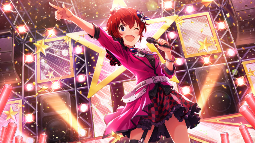1girl ;d arm_up audience belt belt_buckle black_bow black_thighhighs blue_eyes blush boots bow bracelet breasts buckle checkered_clothes checkered_skirt concert confetti cowboy_shot cowlick dutch_angle frills garter_straps glowstick hair_between_eyes hair_bow hair_ornament holding holding_microphone idol idol_clothes idolmaster idolmaster_million_live! idolmaster_million_live!_theater_days index_finger_raised indoors jacket jewelry julia_(idolmaster) lace_trim lens_flare looking_afar microphone music necklace official_art one_eye_closed open_mouth pointing pointing_up red_hair red_jacket shirt short_hair short_sleeves singing single_thighhigh skirt smile solo speaker stage stage_lights standing thighhighs