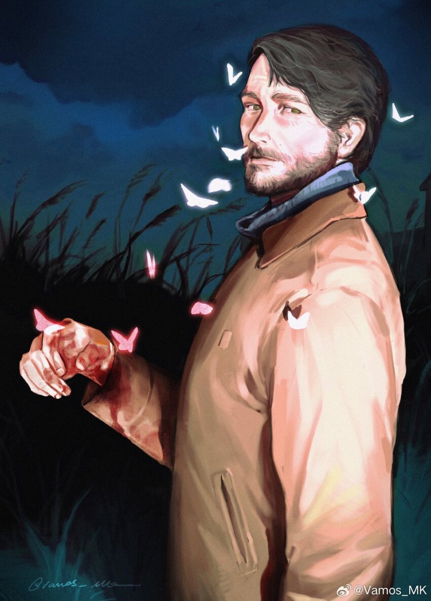 1boy beard black_hair blood blood_on_hands brown_eyes bug butterfly closed_mouth commentary connected_beard facial_hair from_side glowing_butterfly highres insect joel_(the_last_of_us) long_sleeves looking_at_viewer male_focus mature_male night outdoors short_hair solo the_last_of_us the_last_of_us_(series) upper_body vamos_mk