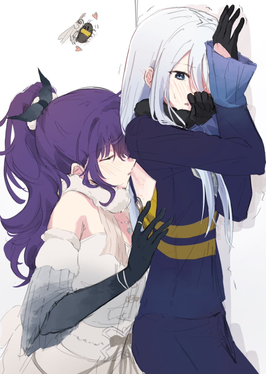 2girls asahina_mafuyu bee black_gloves blue_eyes blush bug closed_eyes coat commentary dress ear_blush elbow_gloves english_commentary gloves hand_on_another&#039;s_back highres insect kanamafukana kissing_back long_hair moth multiple_girls off-shoulder_dress off_shoulder parted_lips ponytail project_sekai purple_coat purple_hair simple_background trembling white_background white_dress white_hair yoisaki_kanade yuri