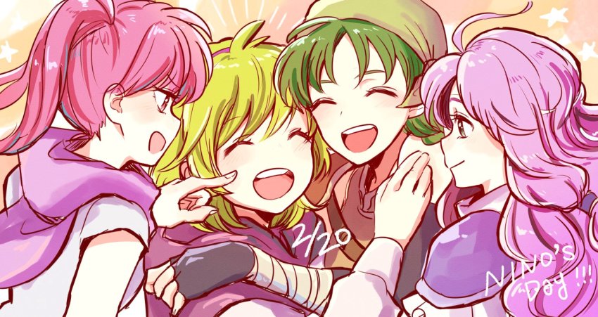 4girls bandana black_gloves closed_mouth dated closed_eyes fingerless_gloves fire_emblem fire_emblem:_the_blazing_blade florina_(fire_emblem) from_side gloves green_eyes green_hair hairband hoshigaki_(hsa16g) long_hair long_sleeves multiple_girls nino_(fire_emblem) nintendo open_mouth pink_hair purple_hair rebecca_(fire_emblem) serra_(fire_emblem) short_hair smile twintails