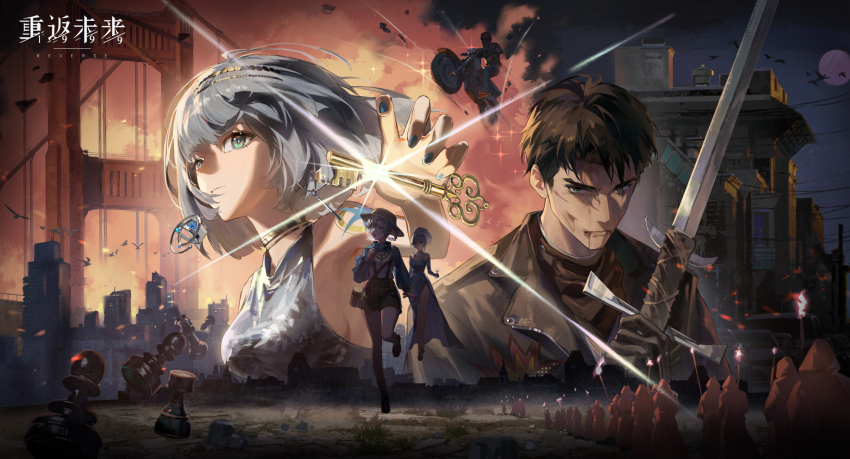 1boy 3girls :o bare_arms bare_shoulders black_gloves black_hair black_jacket black_neckerchief blood blood_from_mouth blood_on_face blue_dress blue_eyes blue_nails blue_shrug blunt_bangs blunt_ends boater_hat bob_cut braid braided_hair_rings breasts bridge building chess_piece city closed_mouth copyright_name diffraction_spikes dress earrings eternity_(reverse:1999) explosion gloves golden_gate_bridge grey_hair grey_shorts grey_tank_top hair_ornament hair_rings highres holding holding_key holding_sword holding_torch holding_weapon hooded_robe jacket jewelry jini_jini j_(reverse:1999) key leather leather_jacket leg_up logo long_dress looking_at_viewer looking_to_the_side matilda_bouanich matilda_bouanich_(the_genius&#039;s_holiday) medium_breasts mercuria_(reverse:1999) motor_vehicle motorcycle multiple_girls neckerchief night night_sky people ponytail red_robe reverse:1999 riding robe running short_hair shorts shoulder_tattoo shrug_(clothing) side_slit sky star_(symbol) star_hair_ornament suspender_shorts suspenders suspension_bridge sword tank_top tattoo torch upper_body v-shaped_eyebrows weapon white_hair