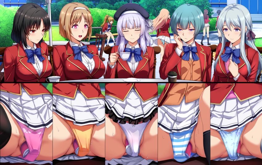 6+girls aqua_hair black_hair blazer blonde_hair blue_panties breasts brown_hair commentary_request cup daiaru dildo dildo_under_clothes dildo_under_panties grey_hair hairband hat horikita_suzune ibuki_mio ichinose_honami_(youjitsu) jacket karuizawa_kei kushida_kikyou large_breasts long_hair medium_breasts medium_hair multiple_girls object_insertion outdoors panties people pink_eyes pink_panties pleated_skirt ponytail purple_eyes red_eyes red_jacket sakayanagi_arisu satou_maya school_uniform sex_toy shiina_hiyori shinohara_satsuki shirt short_hair sitting skirt small_breasts smile striped_clothes striped_panties table teacup underwear vaginal vaginal_object_insertion vibrator vibrator_under_clothes vibrator_under_panties white_hairband white_panties white_shirt white_skirt yellow_panties youkoso_jitsuryoku_shijou_shugi_no_kyoushitsu_e