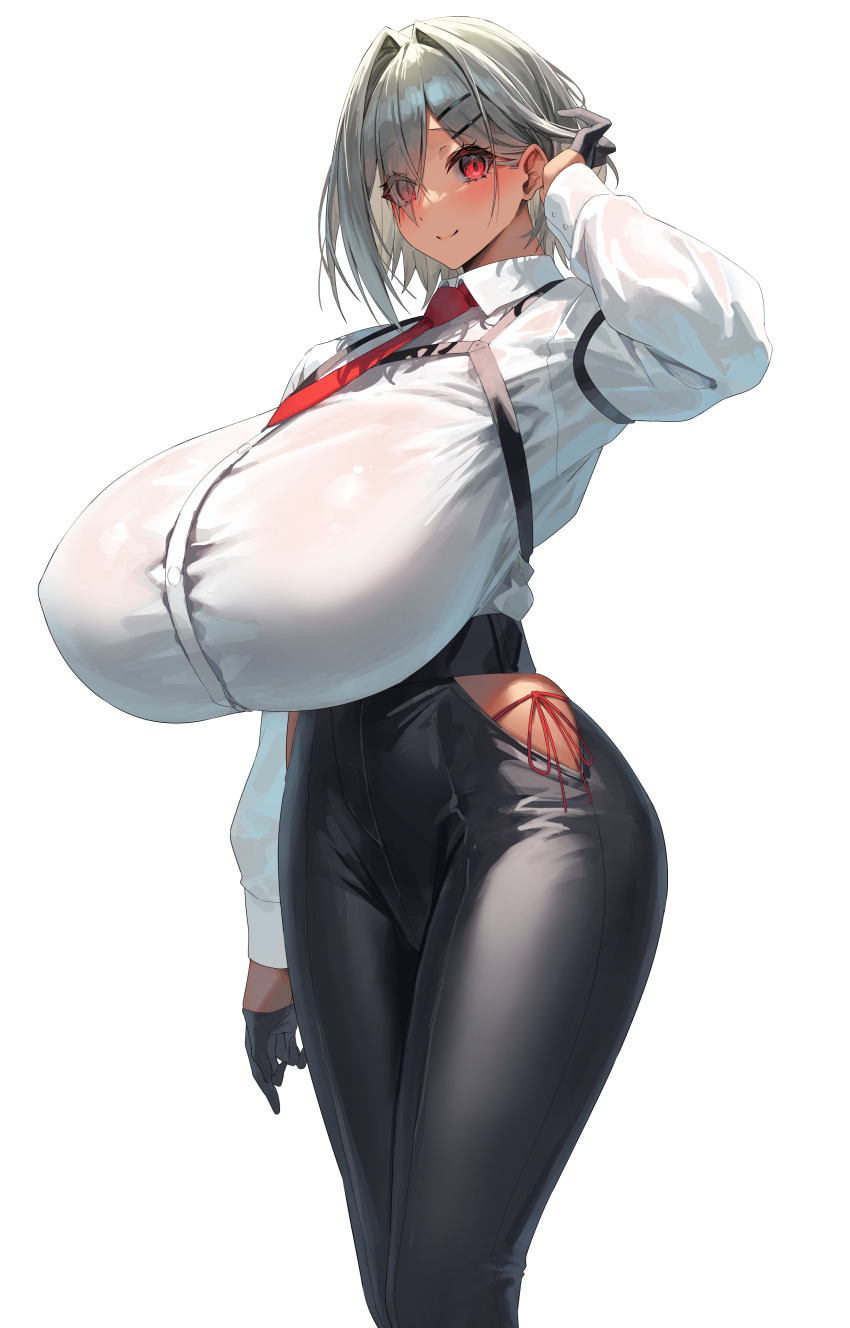 1girl absurdres black_gloves black_pants blush breasts brown_girl_(yamanokami_eaka) bursting_breasts closed_mouth collared_shirt dark-skinned_female dark_skin formal_clothes gloves grey_hair hair_ornament hairclip half_gloves hand_up highres huge_breasts long_sleeves looking_at_viewer necktie original pant_suit pants red_eyes red_necktie shirt short_hair simple_background smile solo suit thighs white_background white_shirt yamanokami_eaka