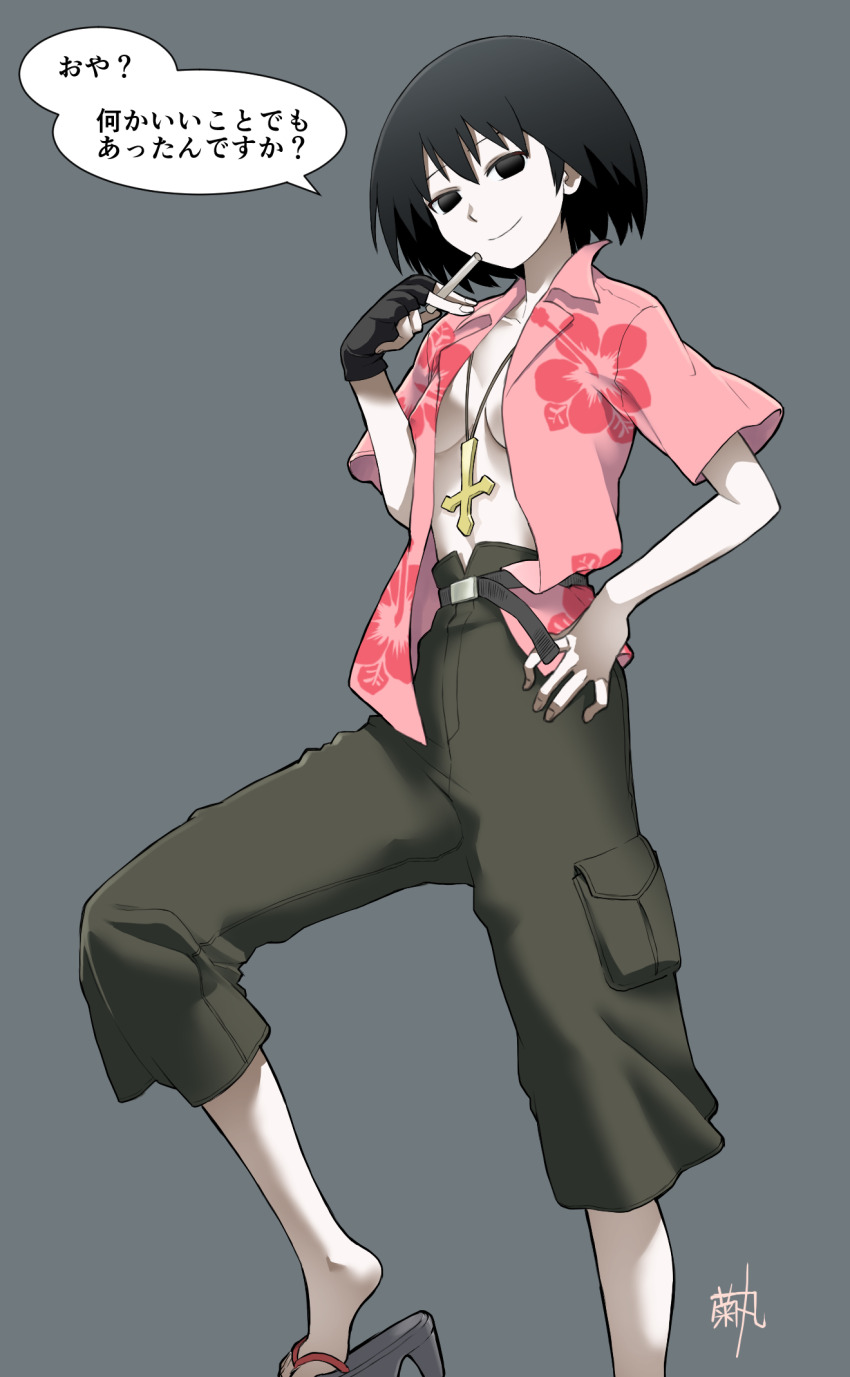 1girl artist_name belt black_belt black_eyes black_gloves black_hair bob_cut breasts brown_pants capri_pants cargo_pants cleavage closed_mouth collarbone collared_shirt commentary cosplay cross crossdressing drinking_straw empty_eyes fingerless_gloves floral_print foot_up gloves hand_on_own_hip hawaiian_shirt heel_up high-waist_pants highres holding holding_drinking_straw inverted_cross inverted_cross_necklace kikumaru_bunta looking_at_viewer medium_breasts monogatari_(series) open_clothes open_mouth open_shirt oshino_meme oshino_meme_(cosplay) oshino_ougi outstretched_foot pale_skin pants pink_shirt sandals shirt short_hair short_sleeves signature simple_background single_glove smile solo speech_bubble translation_request