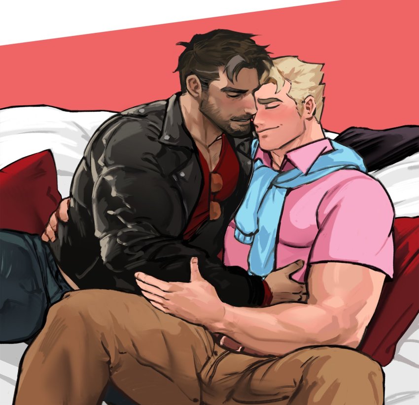 2boys bara beard black_hair blonde_hair blue_scarf blush brown_hair brown_pants bulge couple denim dopey_(dopq) dream_daddy:_a_dad_dating_simulator face-to-face facial_hair hand_on_another&#039;s_waist highres jacket jeans joseph_(dream_daddy) joseph_christiansen large_pectorals leather leather_jacket male_focus multiple_boys muscular pants pectorals pink_shirt red_shirt robert_(dream_daddy) robert_small scarf shirt short_hair simple_background spread_legs thighs v-neck yaoi
