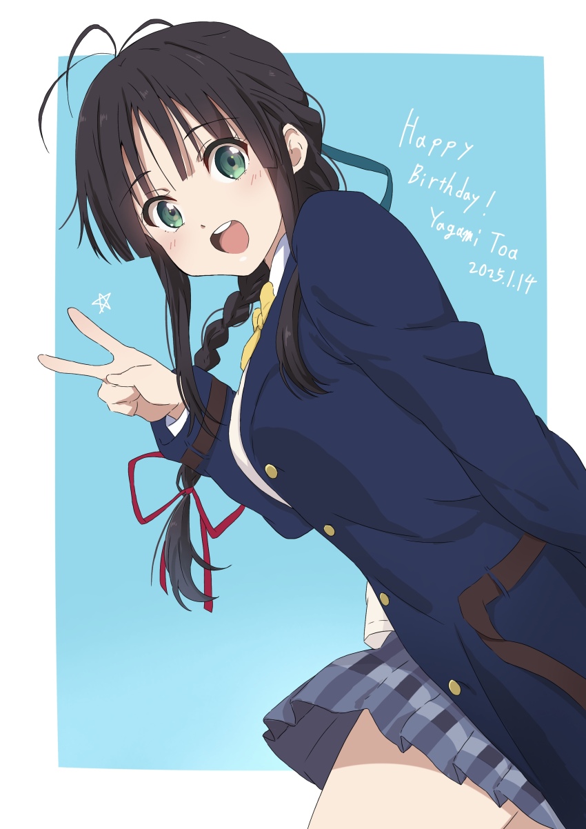 1girl 22/7 :d absurdres antenna_hair belt black_hair blue_background blue_jacket bow bowtie braid braided_ponytail brown_belt character_name collared_shirt cowboy_shot dated facing_to_the_side from_side gingham_skirt green_eyes green_ribbon grey_skirt hair_ribbon happy_birthday highres ikesho0612 jacket long_hair long_sleeves looking_at_viewer miniskirt open_mouth pleated_skirt red_ribbon ribbon school_uniform shirt sidelocks skirt smile solo standing star_(symbol) teeth upper_teeth_only v white_background white_shirt yagami_toa yellow_bow yellow_bowtie