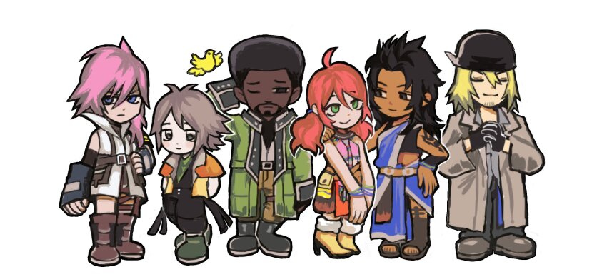 3boys 3girls afro armor bandana black_hair blonde_hair blue_eyes blush chibi chibi_only chocobo commentary dark_skin english_commentary final_fantasy final_fantasy_xiii fingerless_gloves gloves green_eyes highres hope_estheim indian_clothes jewelry lightning_farron long_hair multiple_boys multiple_girls necklace oerba_dia_vanille oerba_yun_fang orange_hair pink_hair sari sazh_katzroy short_hair skirt smile snoozaga snow_villiers white_background