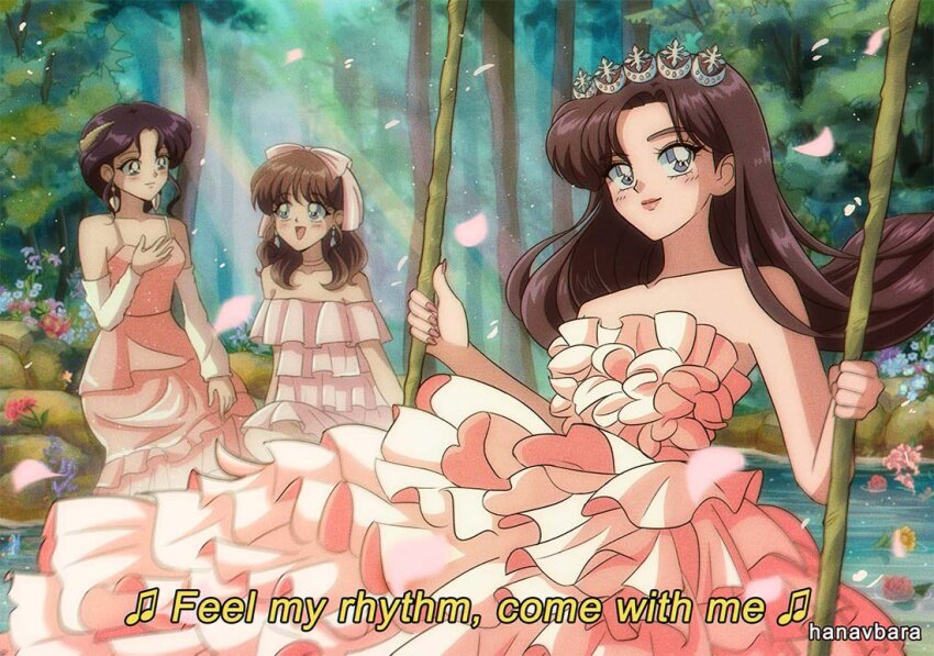 3girls artist_name brown_hair closed_mouth commentary crown dress earrings english_commentary falling_petals forest frilled_dress frills hanavbara irene_(red_velvet) jewelry k-pop long_hair looking_at_viewer lyrics multiple_girls nature petals pink_dress ponytail real_life red_velvet_(group) sitting sleeveless sleeveless_dress smile wendy_(red_velvet) yeri_(red_velvet)