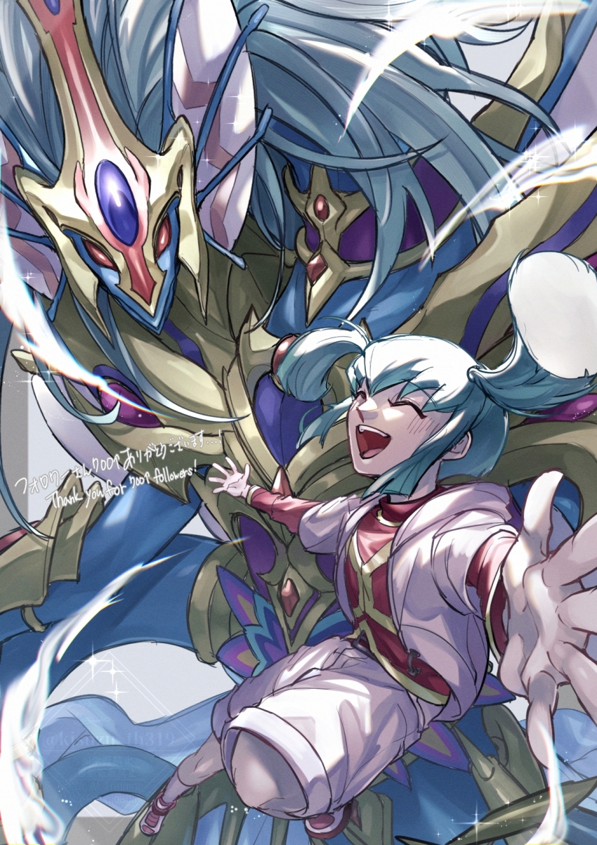 1girl ancient_fairy_dragon blue_scales closed_eyes dragon duel_monster green_hair grey_hair highres hood hooded_jacket jacket kisuzu_th319 long_hair luca_(yu-gi-oh!) milestone_celebration open_clothes open_jacket pink_jacket pink_shorts red_eyes red_shirt shirt shorts yu-gi-oh! yu-gi-oh!_5d&#039;s