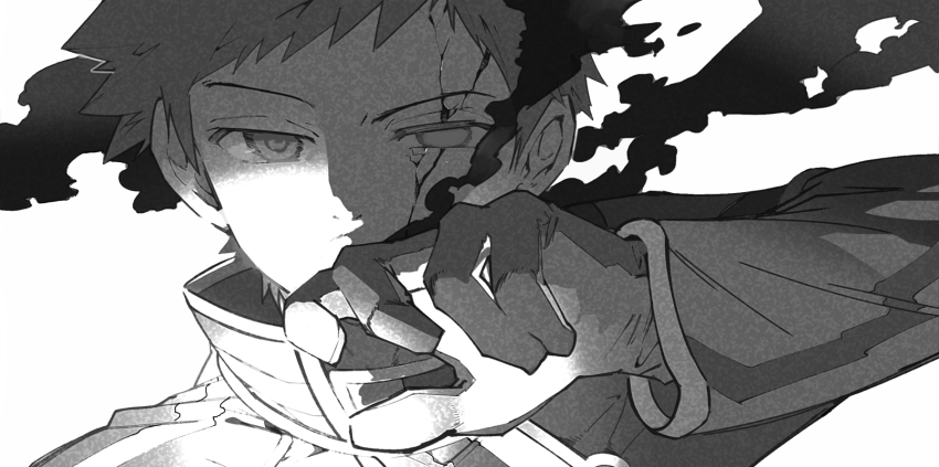 1boy bleeding blood covered_mouth cracked_skin gloves greyscale hand_up highres injury jacket kazama_souya kazama_squad&#039;s_uniform kzmsnmjkk long_sleeves looking_at_viewer male_focus monochrome one-eyed portrait short_hair simple_background smoke solo world_trigger