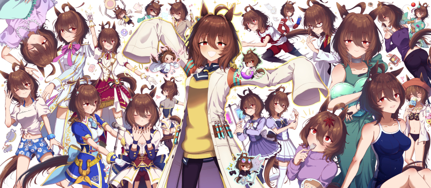 1girl absurdres agnes_tachyon_(umamusume) ahoge alternate_costume animal_ears arms_up bandolier bare_shoulders belt bespectacled bikini black_necktie black_pantyhose black_thighhighs blowing_kiss blue_shorts breasts brown_hair carrot chabo_24 character_doll chibi clothing_cutout coat commentary_request corked_bottle cowboy_shot doll earrings eyewear_on_head flask fork gaze_on_me!_outfit_(umamusume) glasses grin happy_birthday highres holding holding_fork horse_ears horse_girl horse_tail intravenous_drip iv_stand jewelry lab_coat long_sleeves looking_at_viewer medium_breasts medium_hair midriff mixed-language_commentary multiple_views navel necktie official_alternate_costume original_race_uniform_(umamusume) pajamas pantyhose purple_pajamas purple_shirt purple_skirt purple_sweater race_bib red_eyes red_shorts running school_uniform scrunchie serafuku shirt shorts single_earring skirt sleeves_past_fingers sleeves_past_wrists smile sunglasses sweater sweater_vest swimsuit tail tail_through_clothes test_tube thighhighs tracen_school_uniform tracen_training_uniform umamusume volumetric_flask white_coat white_skirt wrist_scrunchie yellow_sweater_vest