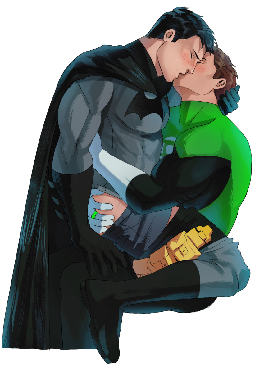 2boys absurdres ass bara batman batman_(series) black_bodysuit black_cape black_gloves black_hair black_male_underwear blush bodysuit boots brown_hair bruce_wayne cape closed_eyes couple dc_comics gloves green_bodysuit green_lantern green_lantern_(series) grey_bodysuit hal_jordan haljordanmylove highres jewelry kiss large_pectorals male_focus male_underwear male_underwear_pull multiple_boys muscular muscular_male pectorals ring short_hair simple_background two-tone_bodysuit underwear white_background white_gloves yaoi