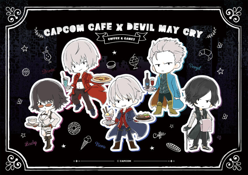 1girl 4boys bad_id black_background black_coat black_hair blue_coat boots bottle cane capcom character_name chibi coat copyright_name cup dante_(devil_may_cry) devil_may_cry devil_may_cry_(series) devil_may_cry_3 devil_may_cry_4 devil_may_cry_5 drinking_glass food highres holding holding_food holding_pizza jacket lady_(devil_may_cry) multiple_boys nero_(devil_may_cry) official_art one_eye_closed pants pizza red_coat shorts tinted_eyewear tray v_(devil_may_cry) vergil_(devil_may_cry) white_hair white_jacket white_shorts wine_bottle wine_glass
