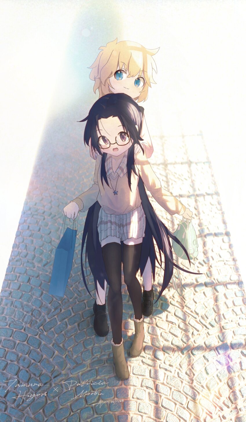 2girls absurdres ap04astral bag black-framed_eyewear black_hair black_shoes black_thighhighs blonde_hair blue_bag blue_eyes brown_shoes collared_shirt gingham glasses green_bag handbag hands_on_another&#039;s_shoulders highres jewelry long_hair lucky_star multiple_girls necklace patricia_martin pleated_skirt purple_eyes shadow shirt shoes shopping short_hair skirt smile star_(symbol) star_necklace stone_floor sunlight sweater tamura_hiyori thighhighs