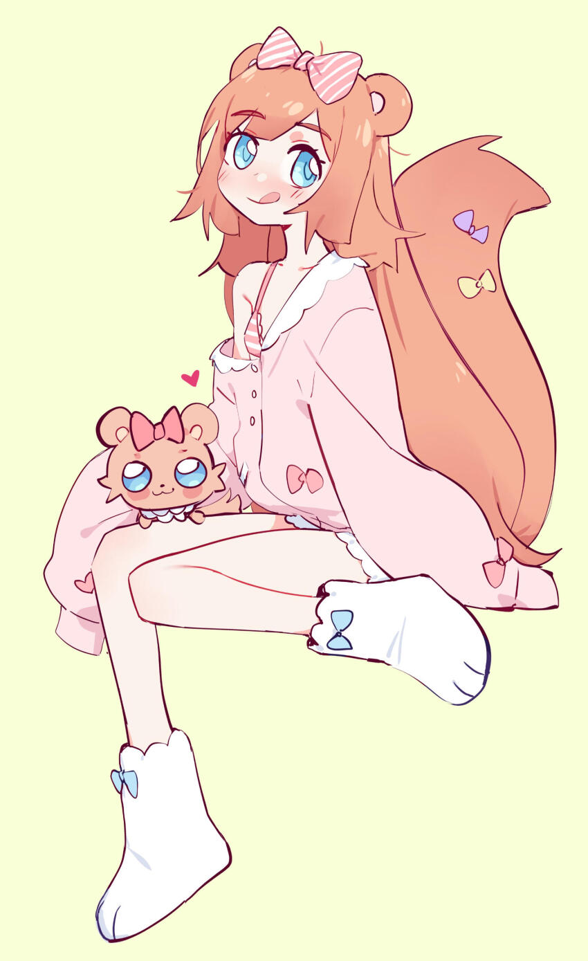 1girl absurdres animal bare_legs blue_eyes blush bow chromu full_body green_background hair_bow highres indie_virtual_youtuber long_hair orange_hair paw_shoes simple_background sleeves_past_fingers sleeves_past_wrists smile solo tail tail_bow tail_ornament tail_raised tongue tongue_out virtual_youtuber