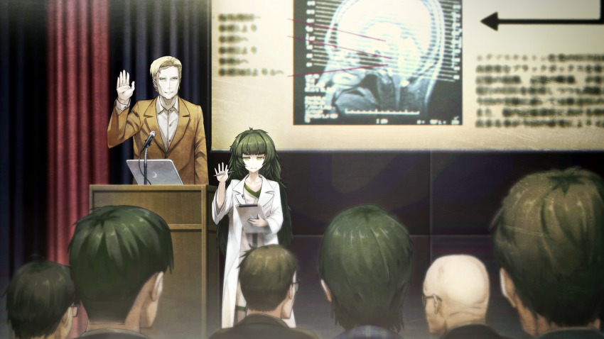1boy 1girl 6+others alexis_leskinen bad_tag bald blonde_hair blunt_bangs brown_jacket buttons closed_mouth clothing_request coat collar collarbone collared_shirt computer crowd curtains dress flat_chest from_behind game_cg glasses green_collar green_eyes green_hair green_trim grey_dress grin hand_up height_difference highres hiyajou_maho holding holding_tablet_pc hood hood_down hoodie huke jacket lab_coat lapels laptop long_hair long_sleeves looking_at_another messy_hair microphone multiple_others nape non-web_source notched_lapels official_art rabbit_zipper ringed_eyes shirt short_hair smile square_pupils standing steins;gate steins;gate_0 tablet_pc thick_eyebrows very_long_hair very_short_hair white_coat white_shirt