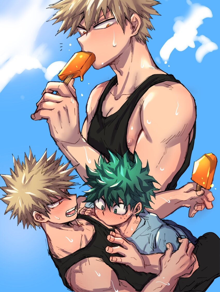 2boys arm_up bakugou_katsuki bare_shoulders black_pants black_tank_top blonde_hair blue_shirt boku_no_hero_academia chiyaya cloud collarbone commentary_request crew_neck food freckles green_hair hair_between_eyes hand_on_another&#039;s_chest highres holding holding_food holding_popsicle looking_down male_focus melting_popsicle midoriya_izuku multiple_boys multiple_views open_mouth orange_eyes pants popsicle shirt short_hair sky spiked_hair sucking_male_nipple summer sweat tank_top teeth tongue yaoi