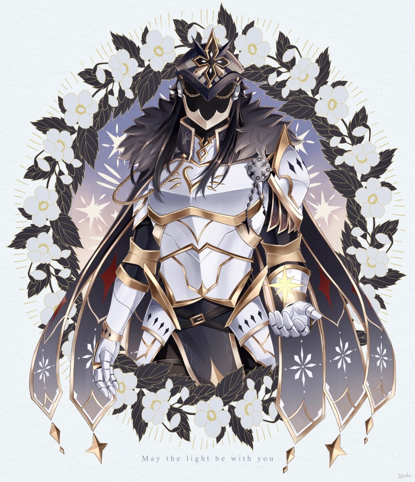 1boy alternate_costume arm_up armor belt belt_buckle black_belt black_fur black_hair black_helmet breastplate buckle cape capitano_(genshin_impact) commentary cropped_legs english_commentary english_text faulds fur_trim gauntlets genshin_impact grey_background helmet highres long_hair male_focus solo uouzzz white_armor