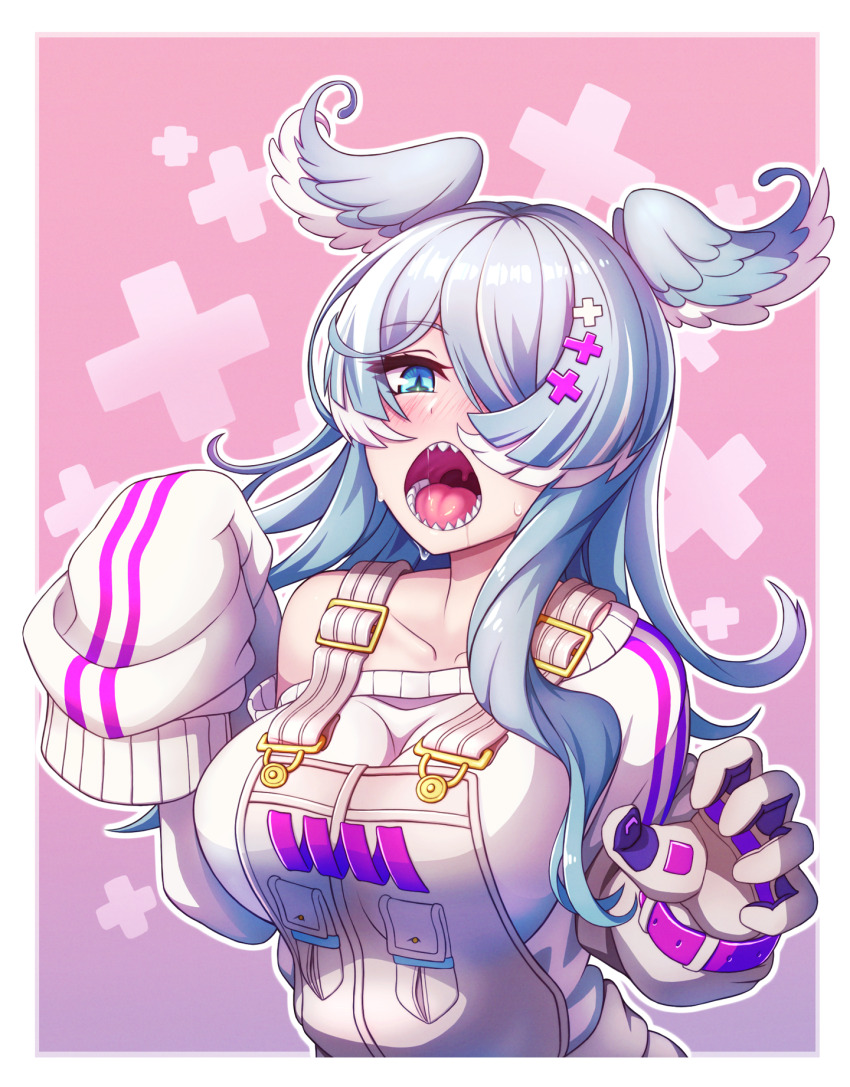 1girl blue_eyes blue_hair blush breasts collarbone diamond-shaped_pupils diamond_(shape) elira_pendora elira_pendora_(1st_costume) gloves hair_ornament hair_over_one_eye hairclip head_wings highres large_breasts long_hair long_sleeves nijisanji nijisanji_en nose_blush open_mouth overalls poifuru sharp_teeth single_glove single_off_shoulder sleeves_past_fingers sleeves_past_wrists solo sweat symbol-shaped_pupils teeth uvula virtual_youtuber wings