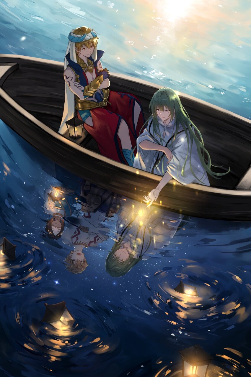 1boy 1girl 2others blonde_hair blue_vest boat body_markings brown_hair closed_eyes closed_mouth crossed_arms different_reflection dress earrings enkidu_(fate) fate/grand_order fate_(series) gauntlets gilgamesh gilgamesh_(caster)_(fate) gilgamesh_(fate) gold_earrings gold_necklace green_dress green_hair hair_between_eyes head_chain highres holding holding_lantern jewelry kingu_(fate) lantern long_hair looking_at_another looking_at_reflection multiple_others neck_ring necklace on_boat open_mouth outdoors outstretched_arm pants parted_hair popped_collar purple_eyes red_eyes red_pants reflection reflective_water robe short_hair shoulder_tattoo siduri_(fate) single_gauntlet sitting smile tattoo teeth terarenai topless_male turban twitter_username upper_teeth_only vest water watercraft white_robe wide_sleeves yellow_eyes