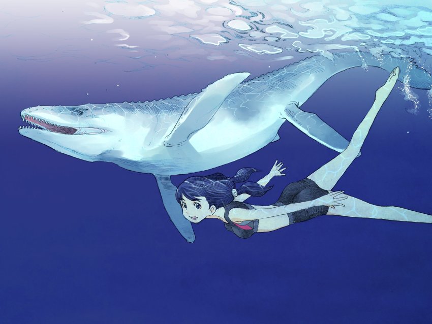 1girl ass bare_arms bare_legs barefoot blue_eyes blue_hair commentary_request hair_ornament highres kimi_wa_sukinosaurus looking_at_viewer midriff mosasaur mosasaurus open_mouth original prehistoric_animal sekiguchi_taro shiraishi_momiji swimming teeth twintails underwater