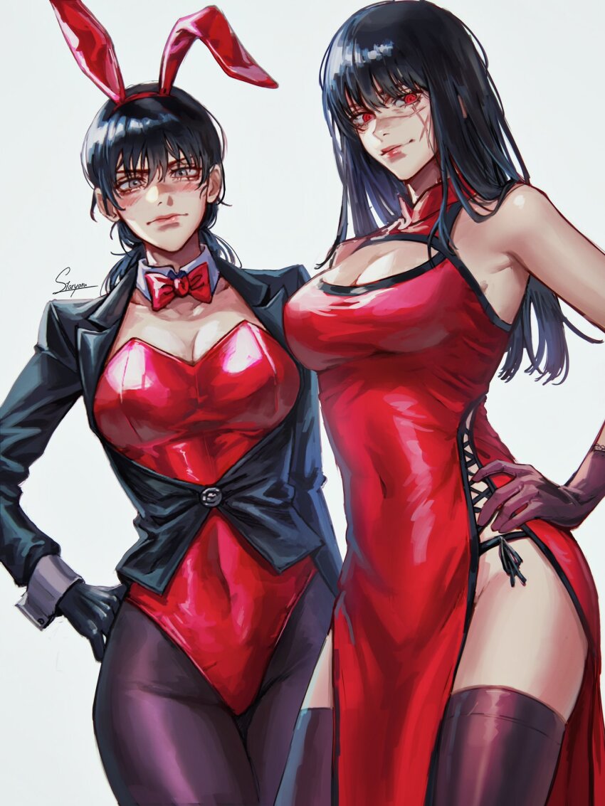 2girls animal_ears black_hair black_leotard blush bow bowtie breasts chainsaw_man china_dress chinese_clothes cleavage cleavage_cutout clothing_cutout covered_navel cross_scar detached_collar dress facial_scar fake_animal_ears highleg highleg_leotard highres large_breasts leotard long_hair looking_at_viewer low_twintails medium_breasts mitaka_asa multiple_girls pantyhose pelvic_curtain playboy_bunny rabbit_ears red_dress red_leotard ringed_eyes scar scar_on_cheek scar_on_face scar_on_nose side_slit simple_background sleeveless sleeveless_dress staryoruu strapless strapless_leotard traditional_bowtie twintails wrist_cuffs yoru_(chainsaw_man)