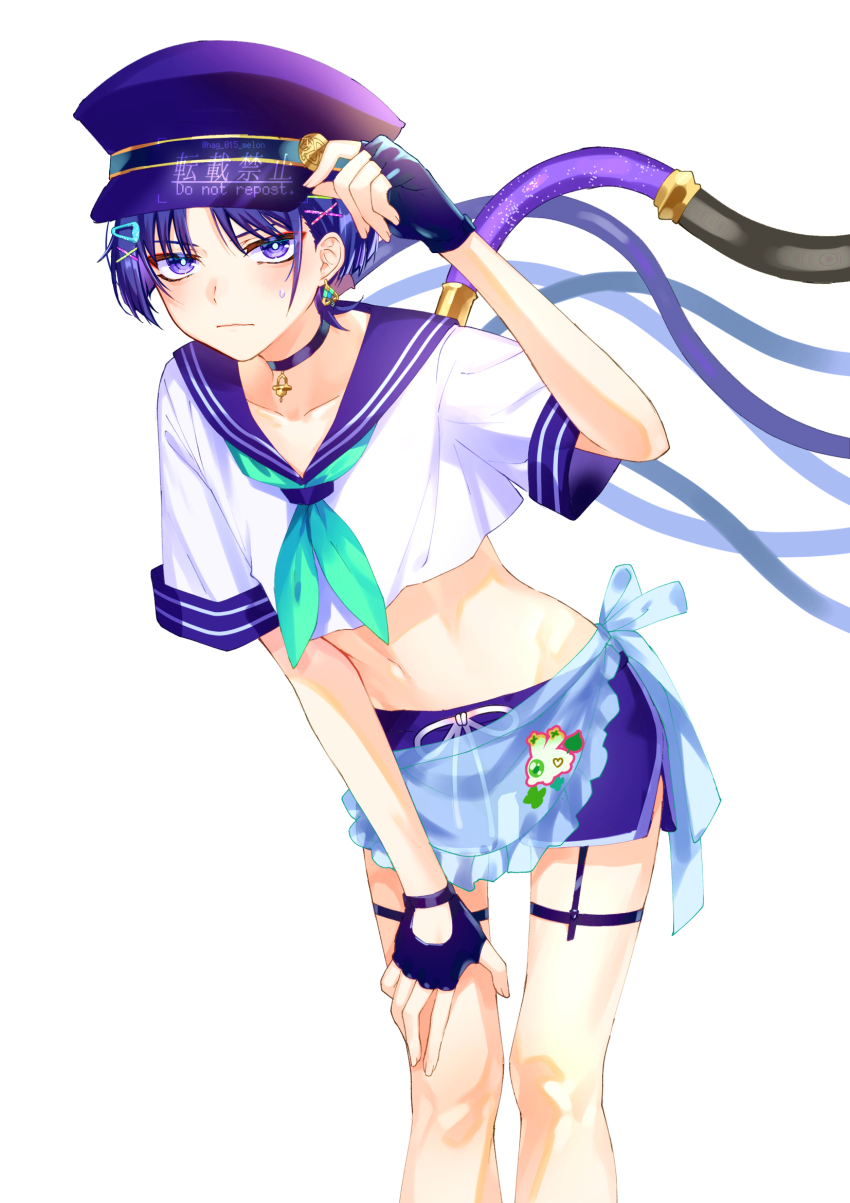 1boy alternate_costume apron aqua_neckerchief bent_over black_choker black_gloves blue_apron blue_trim blunt_ends bright_pupils cable choker closed_mouth collarbone contemporary cropped_shirt dolphin_shorts drawstring eyeliner eyeshadow fingerless_gloves fingernails flat_cap frilled_apron frills garter_belt genshin_impact gloves hag_(hag_015) hand_on_own_thigh hand_up hat highres holding holding_unworn_clothes holding_unworn_hat light_blush looking_at_viewer makeup male_focus midriff navel neckerchief neo_akasha_terminal parted_bangs pinching_gesture purple_eyes purple_hair purple_hat purple_sailor_collar red_eyeliner red_eyeshadow sailor_collar sailor_hat sailor_shirt sanpaku scaramouche_(genshin_impact) see-through_apron see-through_clothes shirt shorts solo sweatdrop thigh_gap tied_drawstring trap unworn_hat unworn_headwear waist_apron watermark white_background white_pupils white_shirt white_trim