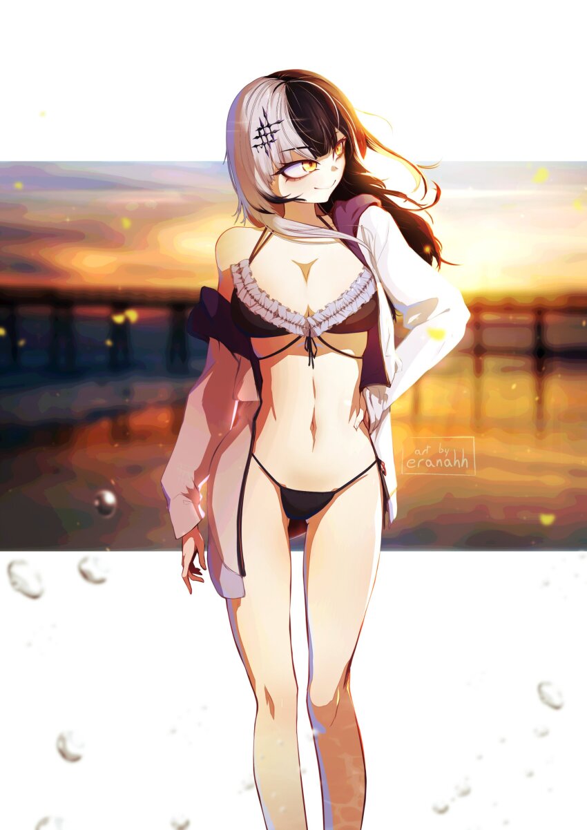 1girl absurdres bikini black_bikini breasts character_request cleavage commentary copyright_request cowboy_shot english_commentary eranahh floating_hair frilled_bikini frills gluteal_fold highres large_breasts looking_to_the_side multicolored_hair narrow_waist navel solo swimsuit thigh_gap twitter_username two-tone_hair upper_body water_drop yellow_eyes
