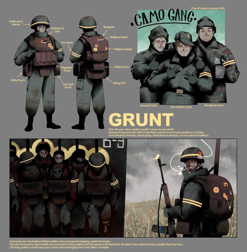 absurdres assault_rifle backpack bad_tag bag balaclava bandage_on_nose baseball_cap belt_pouch blonde_hair blood blood_on_face brown_hair bug bulletproof_vest butterfly camouflage cigarette coop_soggy cup fingerless_gloves gas_mask gloves grey_sky gun halo hat helmet highres holding holding_cigarette holding_cup insect looking_at_viewer male_focus mask military_uniform multiple_boys object_focus original pile_of_corpses pouch rifle sky smoking steaming_cup strichtarn sweatdrop tape weapon woodland_camouflage yellow_halo