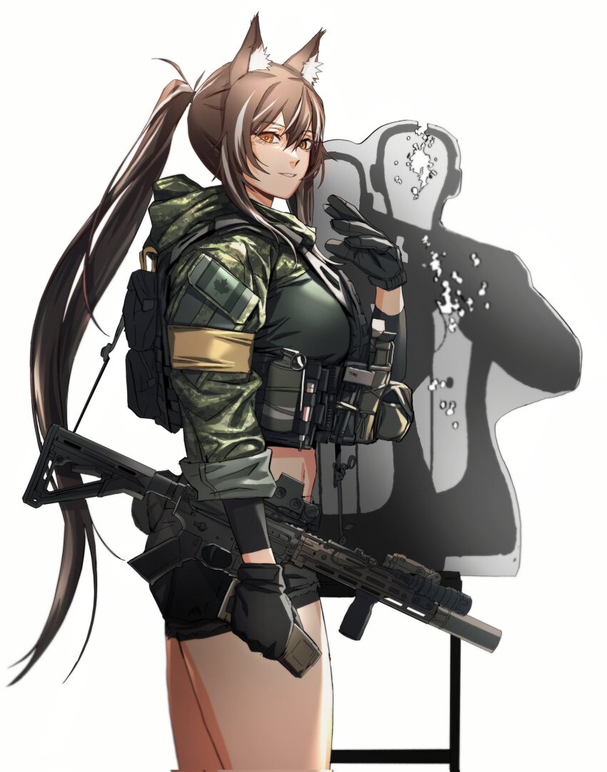 1girl ammunition_pouch animal_ear_fluff animal_ears ass assault_rifle black_gloves breasts brown_hair bullet_hole bulletproof_vest callisto_(greyeth) canadian_flag colt_canada_c7 commission cowboy_shot cropped_shirt fox_ears gloves gun hair_between_eyes highres holding holding_magazine_(weapon) looking_at_viewer magazine_(weapon) maxturbo69 medium_breasts multicolored_hair no_tail orange_hair original ponytail pouch red_dot_sight rifle short_shorts shorts silhouette_target smile smoke_grenade solo streaked_hair tactical_clothes thighs weapon white_background
