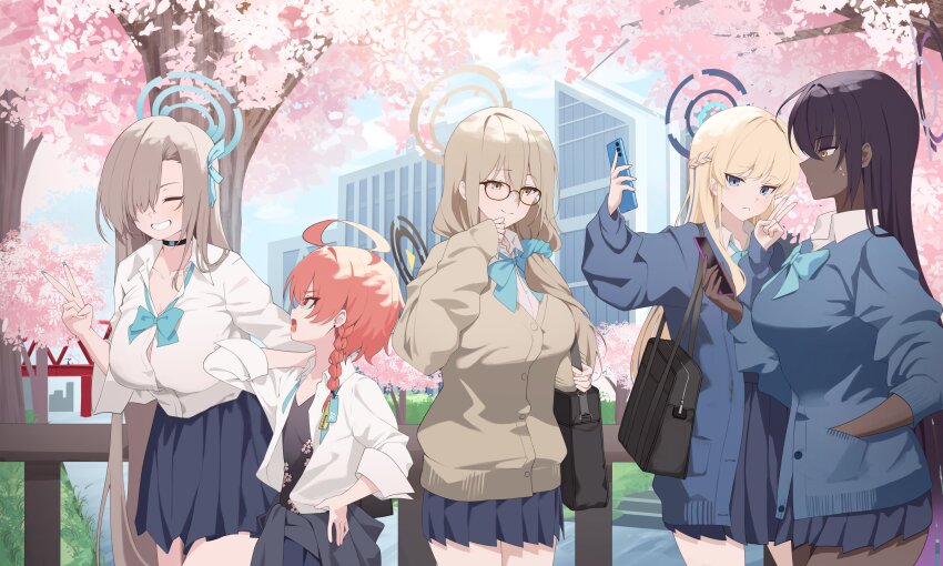 5girls absurdres ahoge akane_(blue_archive) akane_(school_uniform)_(blue_archive) aqua_bow aqua_bowtie asuna_(blue_archive) asuna_(school_uniform)_(blue_archive) black_hair black_halo black_skirt blonde_hair blue_archive blue_bow blue_bowtie blue_cardigan blue_eyes blue_halo bow bowtie braid breasts brown_eyes brown_hair cardigan choker cleaning_&amp;_clearing_(blue_archive) clothes_around_waist collared_shirt dark-skinned_female dark_skin glasses hair_between_eyes hair_over_one_eye hair_ribbon halo highres huge_ahoge karin_(blue_archive) karin_(school_uniform)_(blue_archive) large_breasts long_hair long_sleeves multiple_girls neru_(blue_archive) neru_(school_uniform)_(blue_archive) orange_hair pleated_skirt purple_halo red_eyes ribbon school_uniform scrunchie shirt single_braid skirt smile toki_(blue_archive) toki_(school_uniform)_(blue_archive) v very_long_hair white_shirt yellow_eyes yuzb