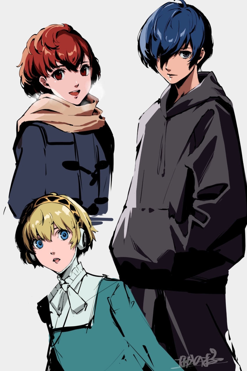 1boy aigis_(persona) android black_hoodie blonde_hair blue_eyes blue_hair brown_hair closed_mouth hands_in_pockets highres hood hoodie looking_at_viewer nakano_maru open_mouth persona persona_3 persona_3_portable red_eyes scarf shiomi_kotone short_hair signature simple_background smile white_background yuuki_makoto_(persona_3)