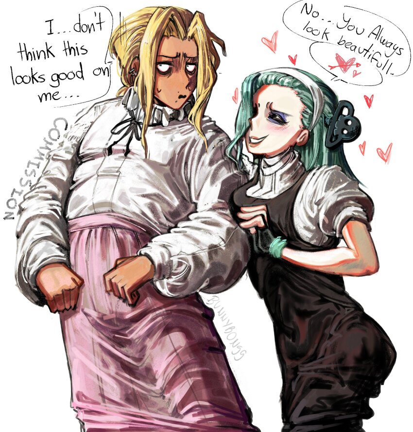 1boy 1girl a.b.a black_dress blonde_hair bon99bunny cosplay crossdressing dress dress_shirt fear_&amp;_hunger_(series) fear_&amp;_hunger_2:_termina green_hair guilty_gear guilty_gear_strive highres humanization marina_(fear_&amp;_hunger) marina_(fear_&amp;_hunger)_(cosplay) object_through_head paracelsus_(guilty_gear) pink_skirt samarie_(fear_&amp;_hunger) samarie_(fear_&amp;_hunger)_(cosplay) shirt skirt smile
