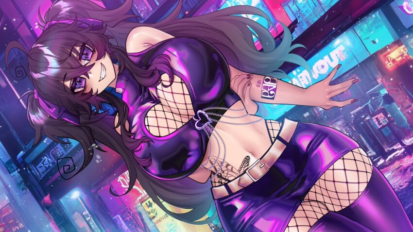 1girl ahoge alternate_costume arm_behind_back belt breasts city cityscape contrapposto crawling_dreams dutch_angle fishnet_pantyhose fishnet_top fishnets grin huge_breasts large_breasts leather_skirt long_hair midriff miniskirt narrow_waist nyarla_(osiimi) osiimi pantyhose purple_eyes purple_hair skirt smile solo stomach_tattoo tattoo thick_thighs thighhighs thighs twintails wide_hips
