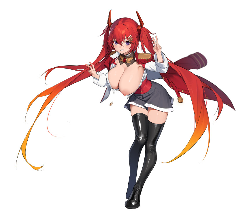 1girl absurdres amulet beeeeen blonde_hair boots breasts coat collared_shirt commentary corset flying_button gradient_hair highres huge_breasts last_origin long_hair long_sleeves looking_at_viewer may_of_doom multicolored_hair nipples overcoat purple_eyes red_hair shiny_skin shirt skirt smile solo thigh_boots twintails v very_long_hair wardrobe_malfunction