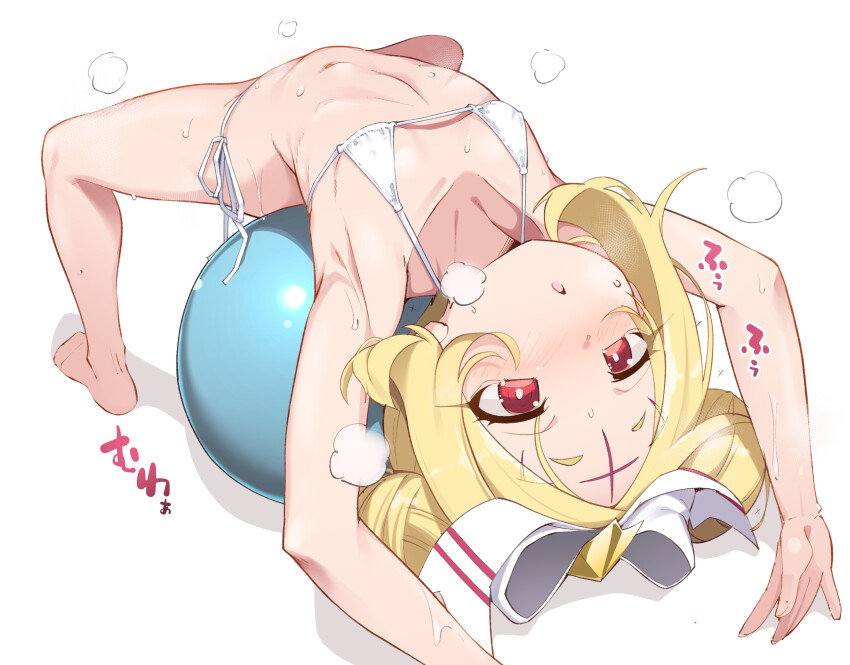 1girl ball bare_shoulders bikini blonde_hair cross cross_facial_mark double_bun exercise_ball facial_mark flat_chest forehead_mark forehead_tattoo hair_bun hair_ribbon highres loli lying mahou_shoujo_ni_akogarete medium_hair micro_bikini morino_korisu navel nekono_matatabi nero_alice on_back open_mouth red_eyes ribbon solo swimsuit tattoo white_bikini