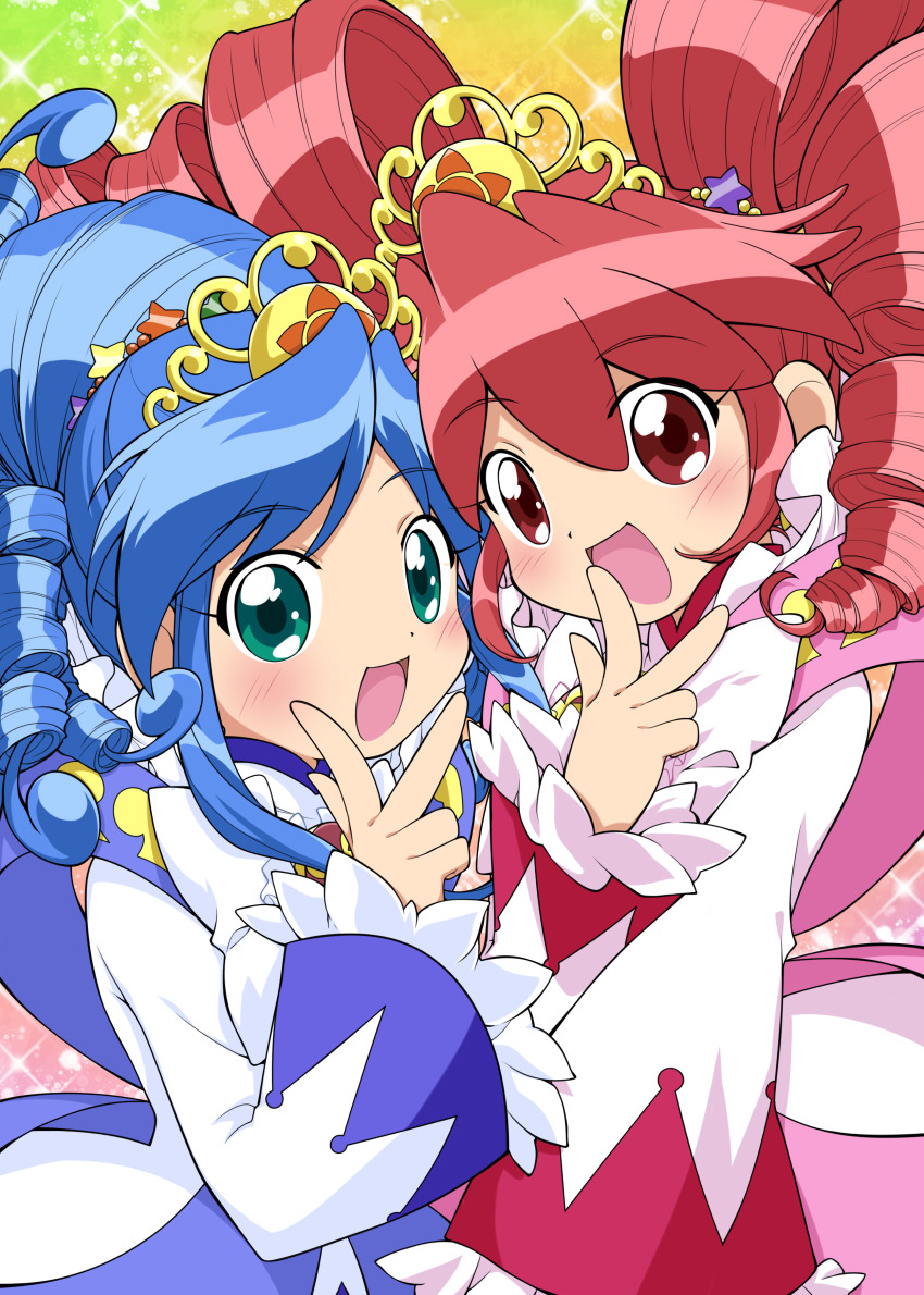 2girls :d absurdres blue_dress blue_hair blush bow chaimaou chest_bow commentary dot_nose dress dress_bow drill_hair earrings fine_(futagohime) fine_(prominence_dress_up)_(futagohime) frilled_sleeves frills fushigiboshi_no_futago_hime gown green_eyes hair_between_eyes hair_ornament hand_on_own_face hands_up high_collar highres inward_w jewelry long_hair long_sleeves looking_at_viewer magical_girl medallion multicolored_background multiple_girls open_mouth pink_dress red_eyes red_hair rein_(futagohime) rein_(prominence_dress_up)_(futagohime) ringlets siblings sisters smile sparkle_background star_(symbol) star_earrings star_hair_ornament supportasse tiara twin_drills twins upper_body w w_over_mouth white_bow wide_sleeves