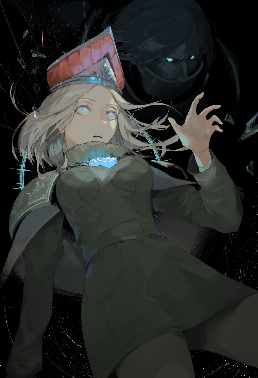 1boy 1girl absurdres armor breasts bright_pupils capelet crown darkness dress glass_shards grey_dress highres jewelry light_particles long_sleeves loop_hero medium_breasts medium_hair necklace palzden pauldrons shoulder_armor surprised white_eyes white_pupils