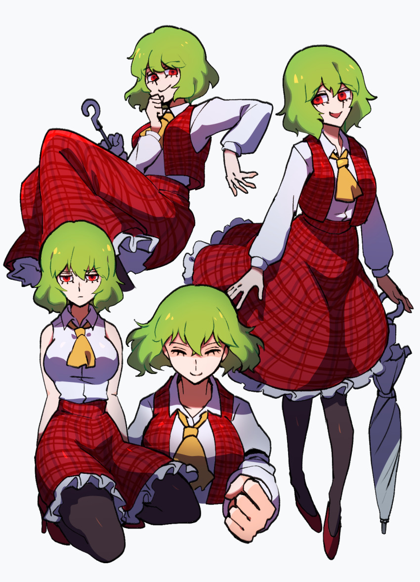 1girl ascot breasts clenched_hand closed_eyes collared_shirt cropped_torso false_smile frilled_skirt frills frown full_body green_hair hair_between_eyes high_heels highres iganashi1 kazami_yuuka large_breasts long_sleeves multiple_views open_clothes open_vest pantyhose parasol red_eyes red_shoes red_skirt red_vest seiza shirt shoes short_hair sitting skirt sleeveless smile standing touhou umbrella vest yellow_ascot