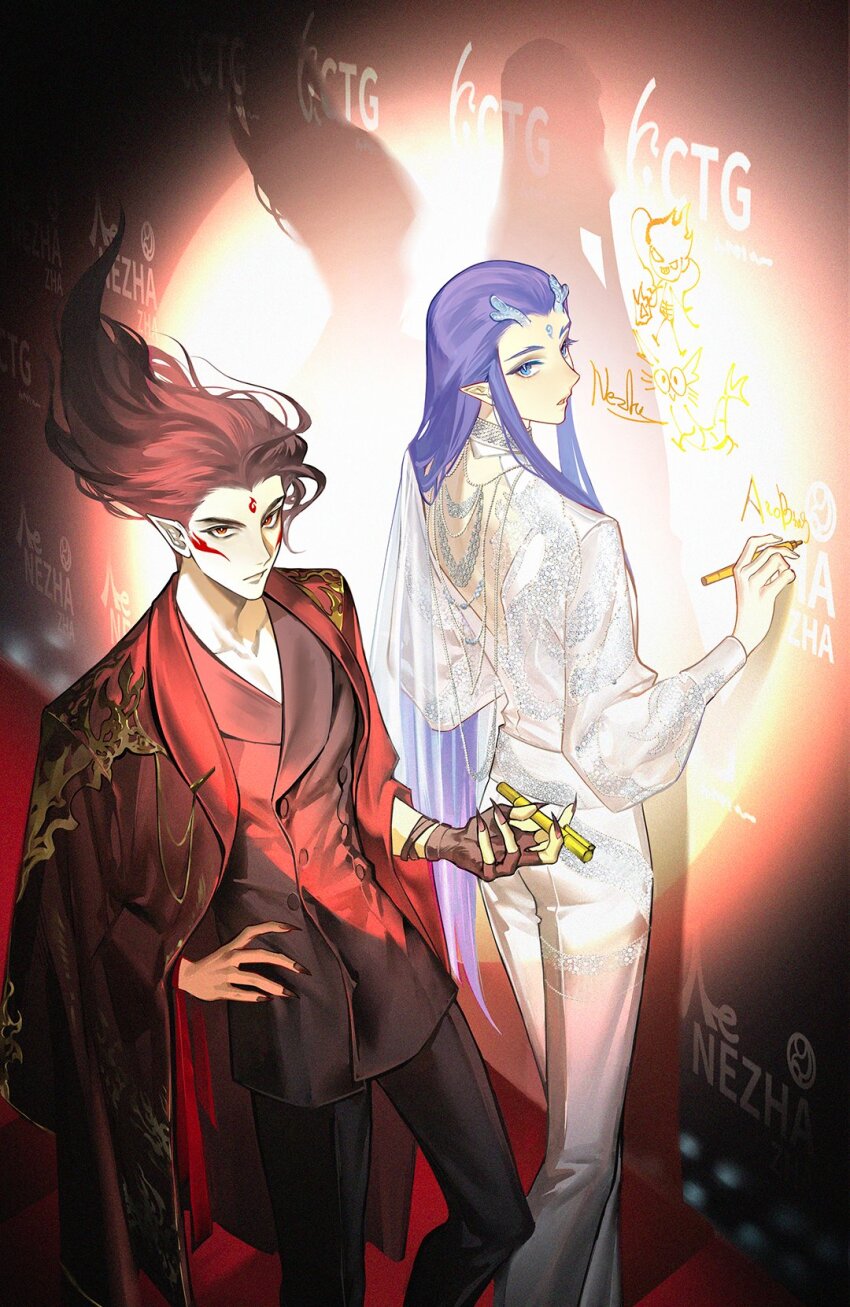 2boys ao_bing_(nezha_zhi_motong_jiangshi) black_pants blue_eyes blue_hair coat dragon_boy dragon_horns facial_mark formal_clothes hand_on_own_hip highres holding horns jacket jacket_on_shoulders jewelry lighter long_hair long_sleeves looking_at_viewer male_focus multiple_boys nezha_(nezha_zhi_motong_jiangshi) nezha_zhi_motong_jiangshi pants pointy_ears purple_hair red_eyes red_hair red_shirt shirt standing very_long_hair yinzinmiemie