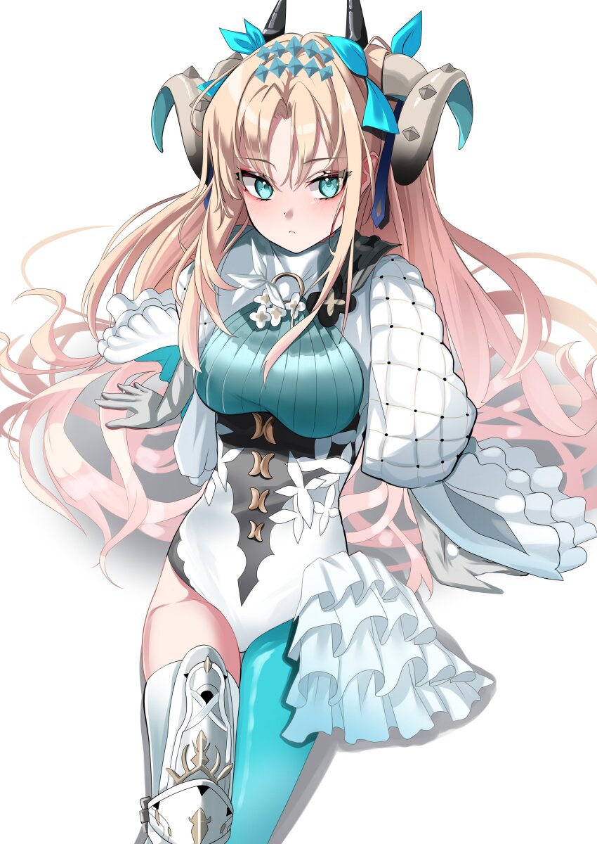 1girl absurdres blue_ribbon breasts closed_mouth commentary_request curled_horns elbow_gloves ereshkigal_(fate) fate/grand_order fate_(series) gloves green_eyes grey_gloves hair_ribbon highres horns invisible_chair long_hair looking_at_viewer medium_breasts nigori_(keydoor) parted_bangs parted_lips ribbon simple_background sitting solo space_ereshkigal_(fate) space_ereshkigal_(third_ascension)_(fate) two_side_up very_long_hair white_background