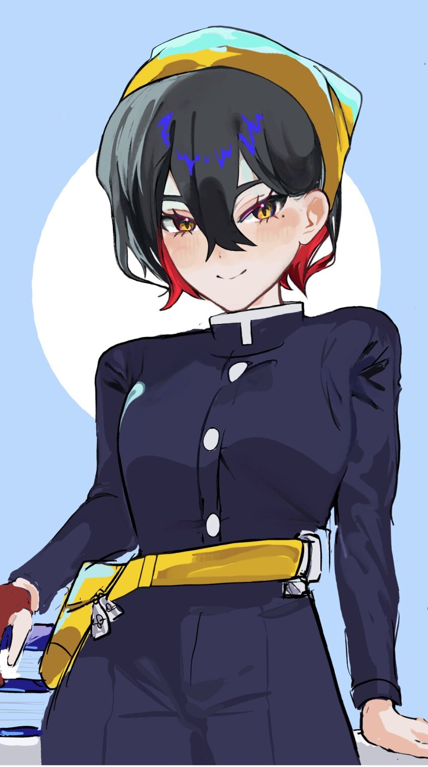 1girl alternate_hair_length alternate_hairstyle anonymous84268 black_hair blue_jacket blue_pants blueberry_academy_school_uniform blush carmine_(pokemon) closed_mouth creatures_(company) fanny_pack game_freak gloves hair_between_eyes hairband highres jacket long_sleeves mole mole_under_eye multicolored_hair nintendo pants partially_fingerless_gloves pokemon pokemon_sv red_gloves red_hair school_uniform short_hair single_glove smile solo two-tone_hair yellow_eyes yellow_hairband