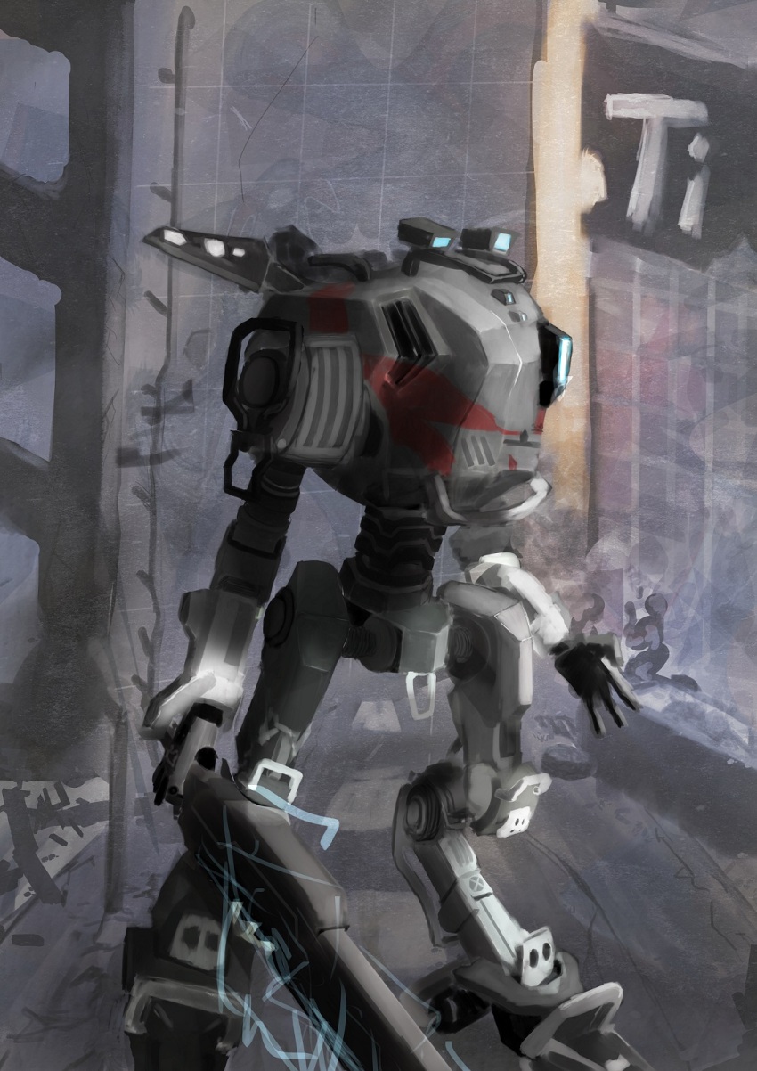 broadsword_(titanfall_2) electricity highres humanoid_robot mecha one-eyed reverse-jointed_legs road robot ronin_(titanfall_2) sa1ty9 street sword titan_(titanfall) titanfall_(series) titanfall_2 weapon