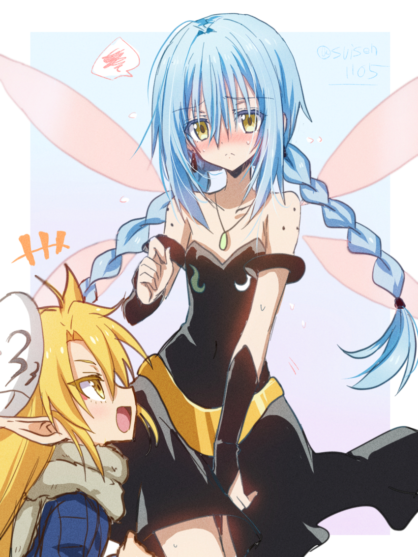 1girl 1other :d akatsuki_(ggsy7885) armlet black_dress black_sleeves blue_background blue_hair blush border braid closed_mouth cosplay costume_switch covered_navel detached_sleeves dress earrings flat_chest floating_hair frown hair_between_eyes hair_intakes highres jewelry long_hair mask mask_on_head open_mouth pendant pointy_ears ramiris ramirisu_(cosplay) rimuru_tempest rimuru_tempest_(cosplay) sketch smile speech_bubble strapless strapless_dress sweatdrop tensei_shitara_slime_datta_ken twin_braids twintails very_long_hair white_border yellow_eyes