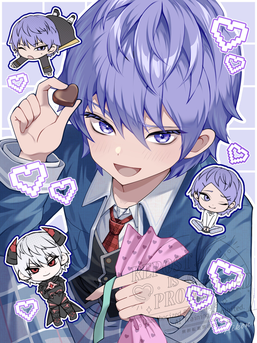1boy :d alternate_form armor bag black_armor black_vest blue_eyes blue_hair candy chibi chocolate chocolate_heart colored_eyelashes commentary_request demon_boy dragon_quest dragon_quest_x food from_above hair_ornament hairclip heart heart-shaped_food highres holding holding_bag holding_chocolate holding_food horns indian_style looking_at_viewer looking_to_the_side looking_up male_focus multiple_persona necktie nikon_(user_aznh7528) one_eye_closed open_mouth pants pixel_heart plaid_clothes plaid_necktie plaid_pants red_eyes red_necktie risoru_(dq10) school_uniform short_hair sitting smile solo sweatdrop vest watermark white_hair