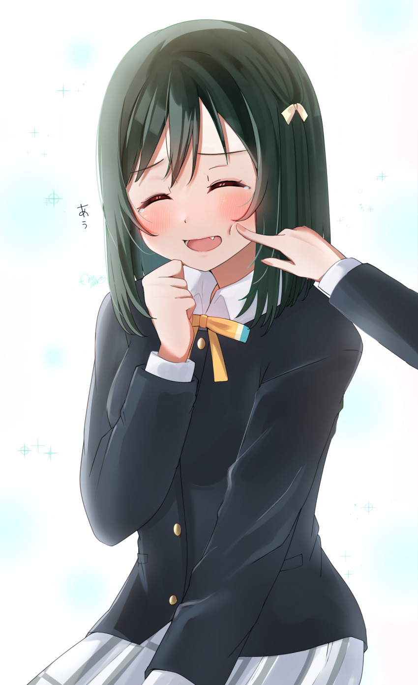 2girls absurdres black_jacket blush cheek_poking clenched_hand closed_eyes collared_shirt commentary_request facing_viewer fang furrowed_brow green_hair hair_between_eyes hair_ribbon highres jacket long_sleeves love_live! love_live!_nijigasaki_high_school_idol_club medium_hair mifune_shioriko multiple_girls neck_ribbon nijigasaki_school_uniform nyako_(utaneko31) open_mouth plaid_clothes plaid_skirt pleated_skirt poking pov pov_hands ribbon school_uniform shirt skirt translation_request upper_body white_shirt white_skirt winter_uniform yellow_ribbon