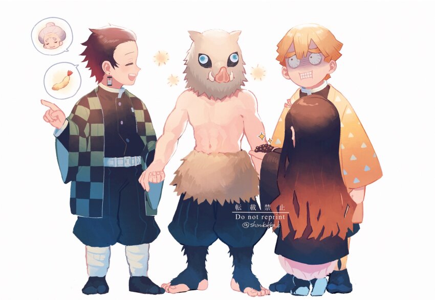 1girl 3boys acorn agatsuma_zenitsu blonde_hair blush demon_girl earrings embarrassed flustered food happy hashibira_inosuke highres hisa_(kimetsu_no_yaiba) holding_hands jewelry kamado_nezuko kamado_tanjirou kimetsu_no_yaiba looking_at_another multiple_boys open_mouth red_hair shirukokko shrimp shrimp_tempura speech_bubble tempura white_background